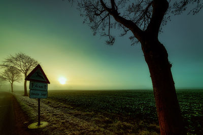 Road sign by trees on field against sky