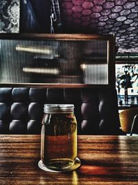Close-up of beer in glass on table