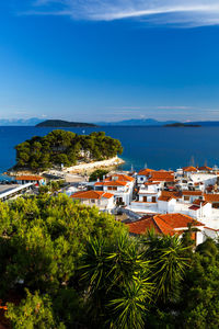 View of the old harbour on skiathos island and euboea in the distance.