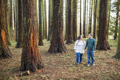 Couple walking through forest, holding hands.