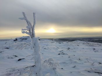 Snow covered landscape against sky during sunset