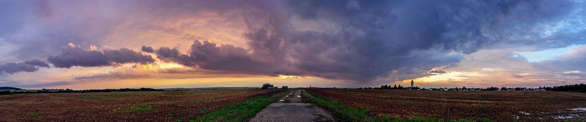 Panoramic view of field against sky during sunset