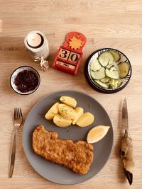 High angle view of breakfast served on table