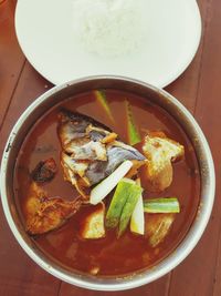 High angle view of soup in bowl on table