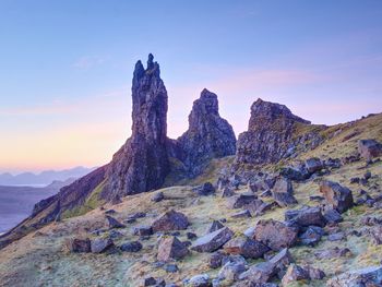 Old man of storr rocks with clear sky isle of skye scotland, cold february morning