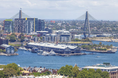 Landscaping view of sydney bay and harbour bridge, australia