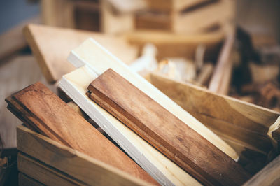 Close-up of stack of wooden table