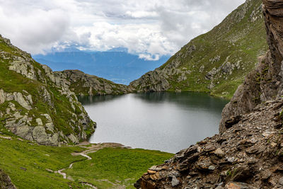 Panoramic view of lake amidst mountains against sky