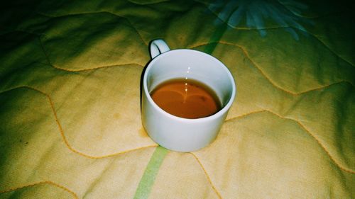 High angle view of tea cup on table