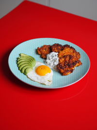 High angle view of food in plate on table