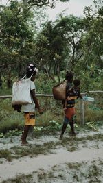 Rear view of people walking on street amidst trees