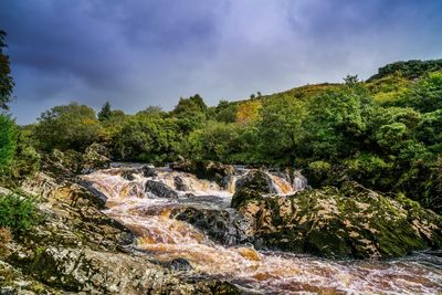 Scenic view of waterfall in forest against sky