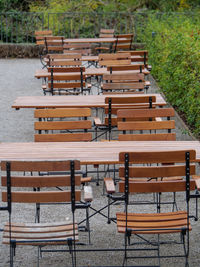 High angle view of empty bench in park