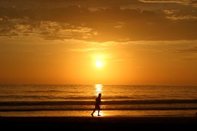 Silhouette person standing on beach during sunset