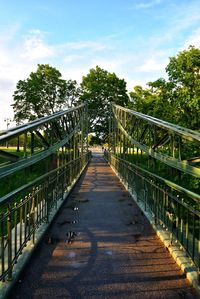Footbridge amidst trees against sky