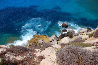 High angle view of rocks in sea