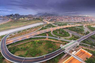 High angle view of cityscape against sky