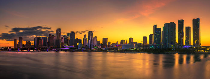 Panoramic view of modern buildings against sky during sunset