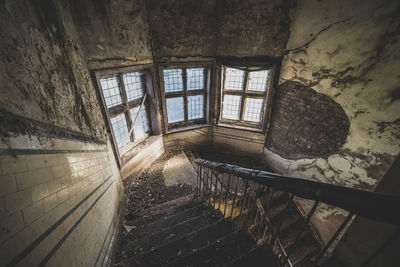 High angle view of window in abandoned building