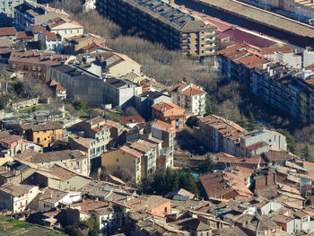 High angle view of old buildings in town