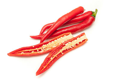 Close-up of red chili pepper against white background