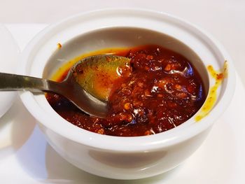 High angle view of soup in bowl