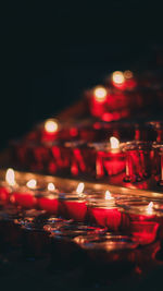 Illuminated tea light candles in temple