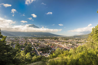 High angle view of antigua, guatemala and volcano agua.