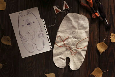 Pattern and sketch of a soft toy, the concept of the creative process and autumn