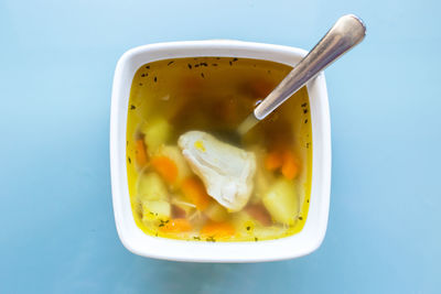 High angle view of soup in bowl