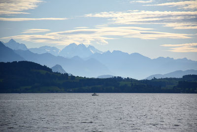 Scenic view of lake and mountains against sky