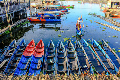 High angle view of boats moored in lake