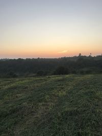 Scenic view of field against clear sky during sunset