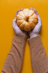 Pumpkin in male hands on pumpkin background. flat design, top view autumn fall concept.