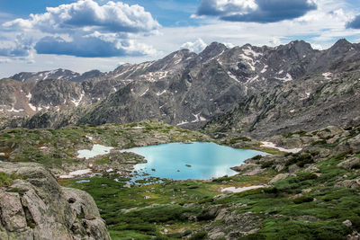 Scenic view of lake and mountains against sky