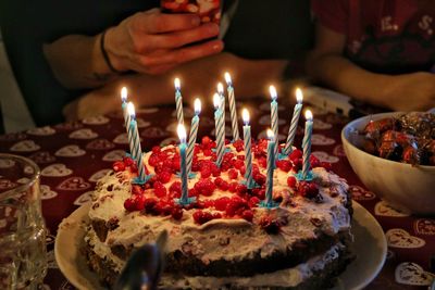 High angle view of birthday cake on table