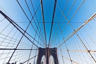 Low angle view of suspension bridge against blue sky