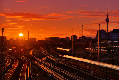 High angle view of railroad tracks at sunset