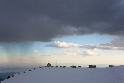 Scenic view of snow covered landscape against sky