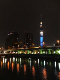 Illuminated buildings by river against sky at night