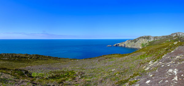 Scenic view of sea against clear blue sky