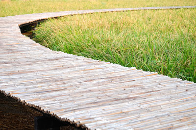 View of wooden boardwalk in field