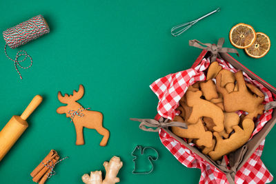 High angle view of cookies on table