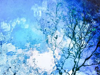 Low angle view of bare trees against blue sky