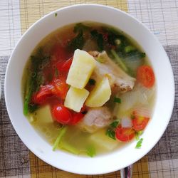 High angle view of soup in bowl on table