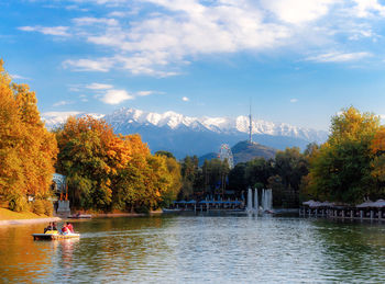 Scenic view of lake against sky during autumn