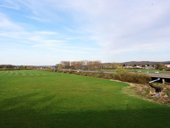 Scenic view of grassy field against sky