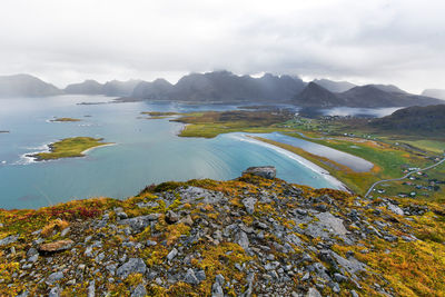 Panoramic view from mountain top over beach and countryside at the coast in lofoten norway