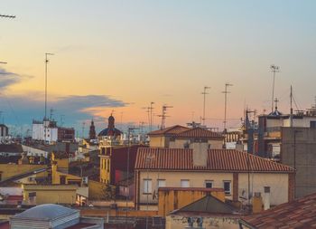 High angle view of townscape against sky at sunset