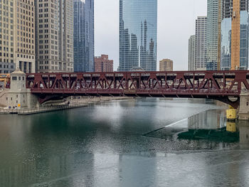 Bridge over river by buildings in city